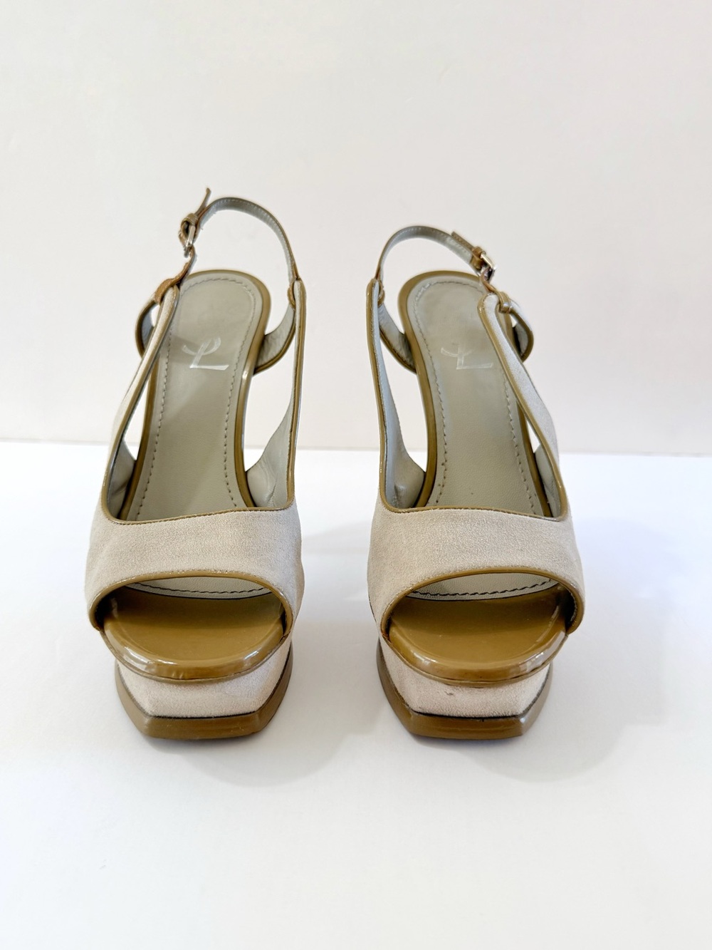 YSL YVES SAINT LAURENT GRAY SUEDE GREEN TRIM PLATFORM TRIBUTE SLINGBACK HEELS - Picture 2 of 13